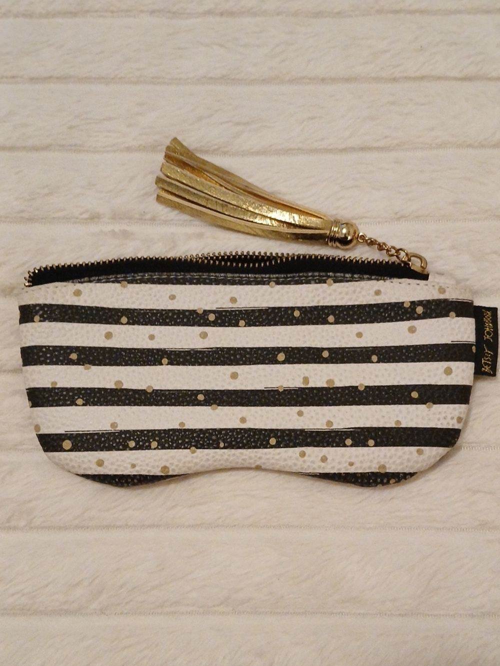 Betsey Johnson Black, White & Gold Striped Cosmetic Pouch with Gold Tassel